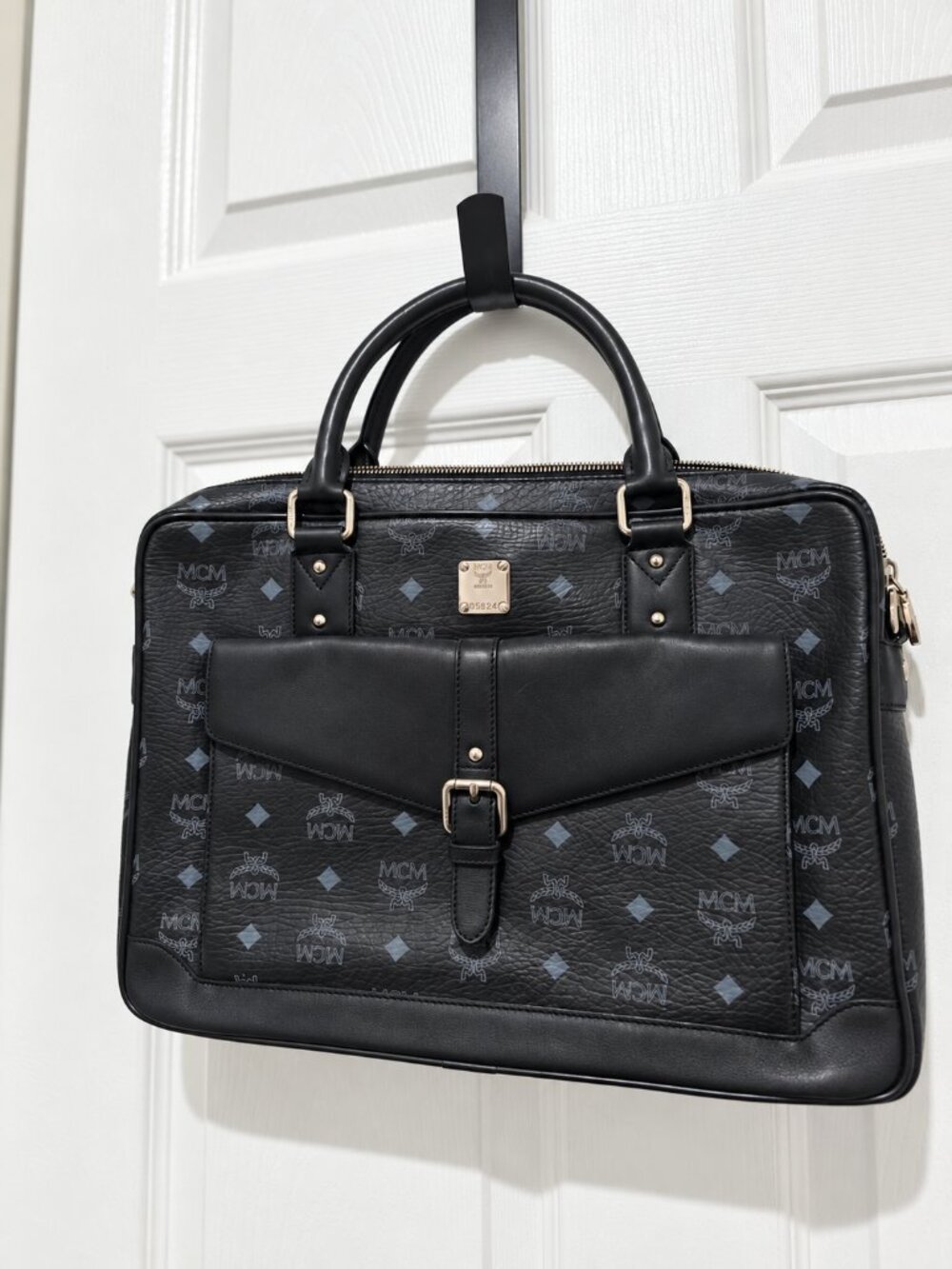 MCM Black Visetos Monogram Briefcase Business Laptop Bag Leather Buckle Pocket